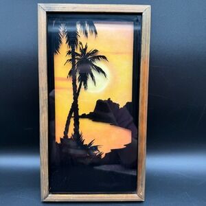 Vintage Reverse Glass Palm Tree Sunset Wall Art Framed‎ Silhouette Print